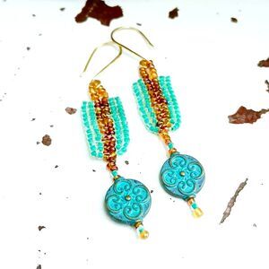 Boho Chic Seed Bead Dangle Earrings, Hammered Earrings, Statement Jewelry 3.25"